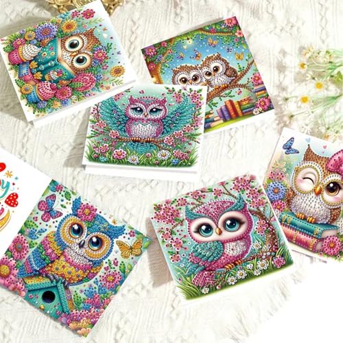 POETRYDRAW 6 Pack 5D DIY Diamond Art Painting Owl Greeting Card Kit, Diamond Birthday Holiday Greeting Card, Art Crafts Kit Creative with Envelope - Image 3