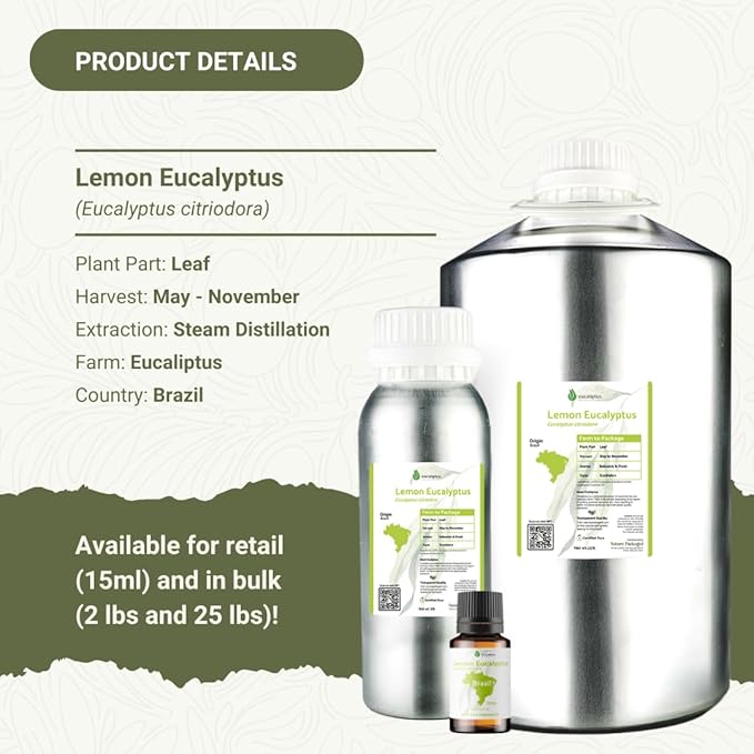 Nature Packaged Lemon Eucalyptus Oil by Eucaliptus from Brazil - Pure Lemon Eucalyptus - 100% Pure Steam Distilled Natural Aceite de Eucalipto Limón - Aromatherapy - Premium Therapeutic Grade (15ml)