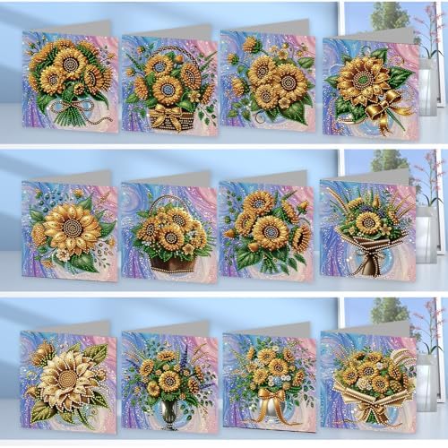 Diamond Painting Greeting Cards 12 Pack Sunflower DIY Kit with Special Shaped Rhinestones, Envelopes & Thick Cardstock, Handmade Craft for Adults, Spring & Summer Gift, Creative DIY Art Card Set - Image 2