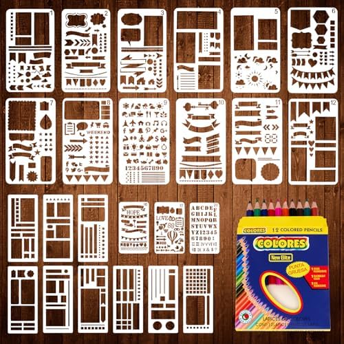 24-Piece Journal Stencils, Planner Stencils Templates with Colored Pencils by Bafeil
