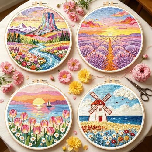 BEUNITONE 4 Set Embroidery Kits for Beginners, Pink Scenery Design with Pre-Stamped Pattern Craft Kits Include Instruction and Hoops, 7.9"x7.9" Needlepoint Kits for Festival Gifts and Home Decor - Image 6
