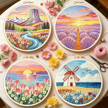 BEUNITONE 4 Set Embroidery Kits for Beginners, Pink Scenery Design with Pre-Stamped Pattern Craft Kits Include Instruction and Hoops, 7.9"x7.9" Needlepoint Kits for Festival Gifts and Home Decor - Image 6