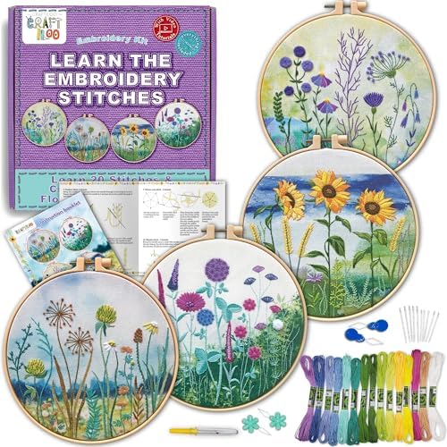 Embroidery Kit for Beginners Adults - 4 Floral Patterns, Learn 17 Stitches by Craftiloo