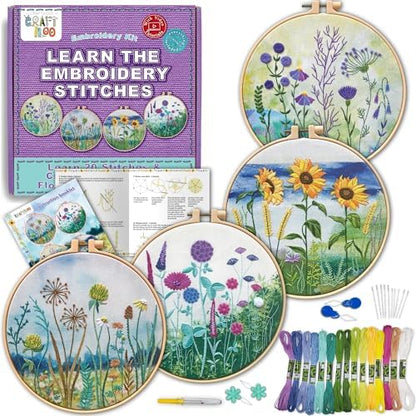 Embroidery Kit for Beginners Adults - 4 Floral Patterns, Learn 17 Stitches by Craftiloo