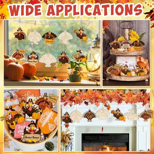 80PCS Wooden Thanksgiving Decoration Turkey Ornaments to Paint Thanksgiving Ornaments for Tree Crafts Cutouts Unfinished, DIY Blank Fall Unfinished Turkey Pumpkin Ornament for Home Harvest Hanging - Image 4