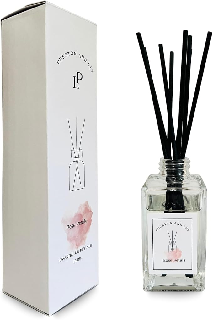 Preston and Lee Reed Diffuser Set | 100 ml (3.4 fl oz) Rose Petals Scent | Reed Diffuser Set | Aromatherapy Diffusers | Natural Reed Diffuser Oil for Home and Spa Fragrance