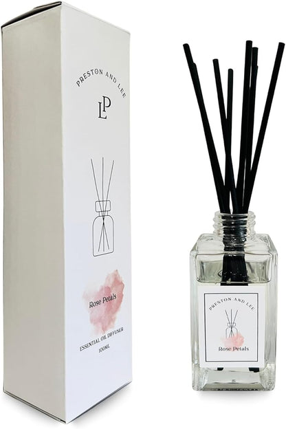 Preston and Lee Reed Diffuser Set | 100 ml (3.4 fl oz) Rose Petals Scent | Reed Diffuser Set | Aromatherapy Diffusers | Natural Reed Diffuser Oil for Home and Spa Fragrance