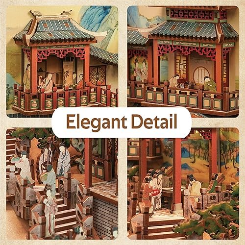 Tonecheer DIY Book Nook Kit for Adults, Wooden 3D Puzzle Bookend Bookshelf Insert Decor, Chinese Booknook Miniature House Kit with Dust Cover and Body Motion Sensor LED (Song Dynasty Culture) - Image 3