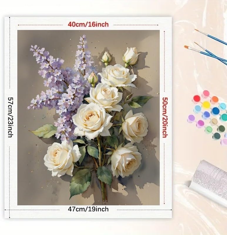 Floral Still Life Paint by Numbers Kit for Adults - DIY White Roses and Lilacs Bouquet Painting on Canvas 16x20 Inches, Acrylic Paint Set, Suitable for Beginners,Botanical Art for Decoration - Image 2