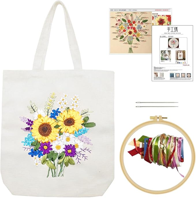 Canvas Tote Bag Silk Ribbon Embroidery Kit for Beginners, Arts DIY Crafts Starter kit, Include Stamped Bag Threads Hoop