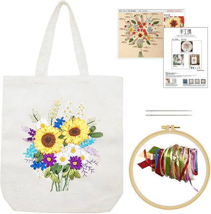 Canvas Tote Bag Silk Ribbon Embroidery Kit for Beginners, Arts DIY Crafts Starter kit, Include Stamped Bag Threads Hoop