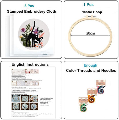 Konrisa 3pcs Embroidery Kits for Beginners Creative Black Cat and Flower Pattern Cross Stitch Practice Kit DIY Sewing Needlepoint, Include 1pcs Hoop - Image 7