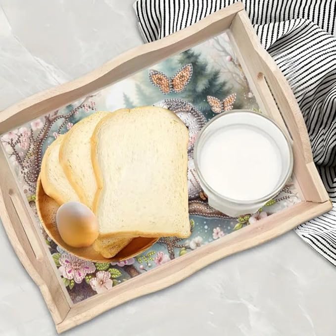 DoxQcs DIY Diamond Art Wooden Food Tray with Handle Diamond Painted Table Decoration Tray for Breakfast Bar Dinner Table Diamonds Art Painting for Beginners-Owl