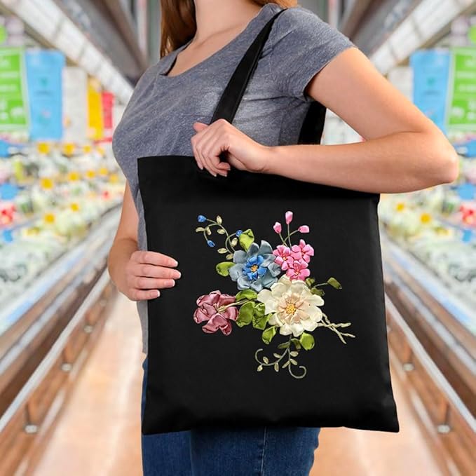 Canvas Tote Bag Silk Ribbon Embroidery Kit for Beginners, Arts DIY Crafts Starter kit, Include Stamped Bag Threads Hoop