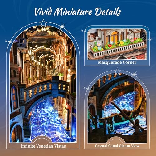 FUNPOLA Venice Night Starlit Book Nook Kit – LED 3D Wood Puzzle with Infinity Mirror – DIY Bookshelf Decor, Miniature Craft Gift for Adults - Image 3