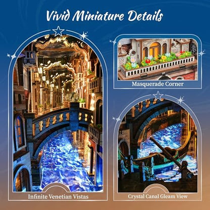 FUNPOLA Venice Night Starlit Book Nook Kit – LED 3D Wood Puzzle with Infinity Mirror – DIY Bookshelf Decor, Miniature Craft Gift for Adults - Image 3