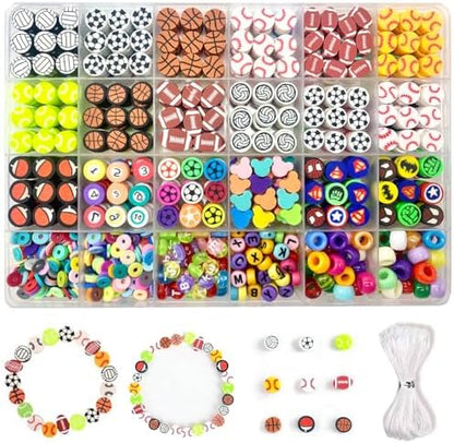 1000PCS Polymer Clay Beads for Bracelet Making, 24 Style Sports Charms incl. Baseball Basketball Soccer Football Rugby Volleyball, DIY Jewelry Making Supplies Kit by HHOOMY
