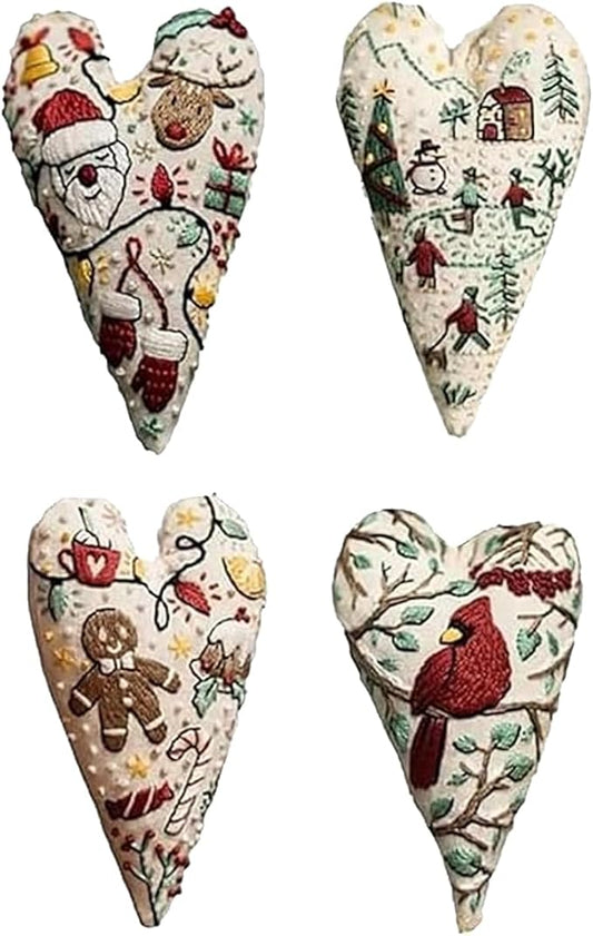 4 PCS Christmas Ornament Embroidery Kits,DIY Heart Shaped Hand Christmas Tree Embroidered Ornament,Nativity Cross Stitch Kit for Winter Pattern Embroidery Decoration,Holiday Hanging Home Decor Gift