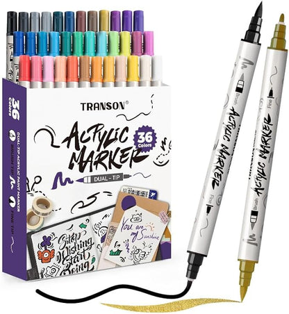 TRANSON 36 Colors Fine and Brush Dual-tip Acrylic Paint Marker Pen Set for Canvas Rock Wood Leather Ceramic DIY Painting