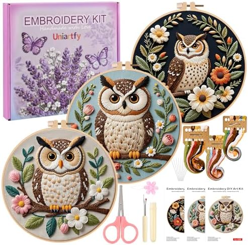 Uniartfy 3 Sets Embroidery Kit for Beginners with Owl Flower Pattern, Hand Needlepoint Kits for Adults, Embroidery Starter Kits with Hoops, Step by Step Video & Instructions, DIY Cross Stitch Kit by Uniartfy