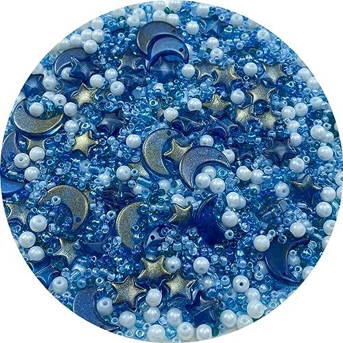 Assorted Glass Beads for Jewelry Making Multi Size Colors Glass Star Moon Seed Pearl Spacer Beads for Bracelets Necklace Earring Making(White Ink Blue) by ChooseBeadsChooseHonkoolly