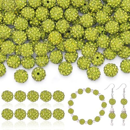 200pcs 10mm Rhinestone Beads for Jewelry Making, Olivine Shiny Round Disco Ball Beads Bulk, Sparkle Crystal Clay Christmas for Bracelet Baseball Necklace Earring Crafting and DIY by TINKRSTUFF