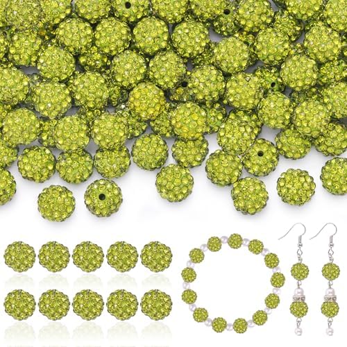 105pcs 10mm Rhinestone Beads for Jewelry Making, Olivine Shiny Round Disco Ball Beads Bulk, Sparkle Crystal Clay Christmas for Bracelet Baseball Necklace Earring Crafting and DIY by TINKRSTUFF