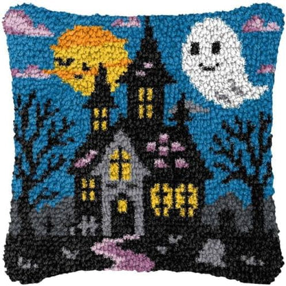 Howie's Latch Hook Kit, DIY Haunted House Pillow Crochet Yarn Kits for Adults, Color Preprinted Pattern Embroidery Sofa Cushion Cover (Haunted House, 16.93 x 16.93 inch) by HowiesNeedlepoint