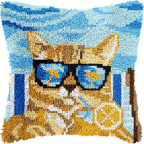 veirousa Orange Cat Latch Hook Kits for Adults, Beginners DIY Hooked Pillow Kit Pre-Printed Pillowcase Hook and Latch Rug Kits Cross-Stitch Cushion Cover for Home Sofa Decoration 17x17 inch by VEIROUSA
