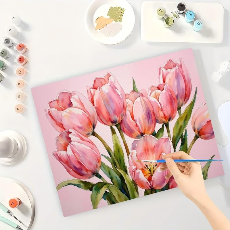 Floral Art Paint by Numbers Kit for Adults - DIY Pink Tulips Bouquet Painting on Canvas, Acrylic Paint Set, Suitable for Beginners, Flower Art for Home Decoration or Gifts(12X16IN Framed) - Image 3
