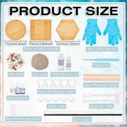 WEBEEDY 3 Sets Resin Bamboo Coaster Resin Complete Set with Trays, Pigment, Seashells & More, DIY Drink Coaster Making Kit for Adults Beginners Office Home Decor Art Clear Craft