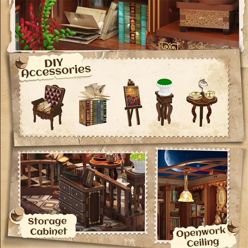 Left Bank Study Book Nook - DIY Book Nook Kit for Adults | Wooden Bookshelf 3D Book Nook Miniature Kit with LED Lights, Puzzle Decor for Book Lovers, 248 PCS, Bookshelf Insert Decor - Image 5