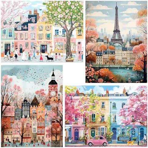 Clendo 4 Packs City Scene Paint by Numbers Kits for Adults, DIY Paris Street Adult Paint by Number Kits on Canvas, Easy Acrylic Painting Kits for Home Decor 12x16 Inch(Without Frame) by Clendo