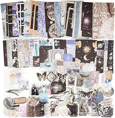 Knaid 200 Piece Vintage Ephemera Bundle - Paper & Sticker Kit for Junk Journaling, Scrapbooking, Planners, Bullet Journals, Collage, Decoupage - Black/Blue Tones by Knaid