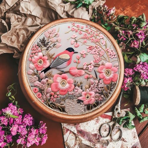 FONNUY Embroidery Kit for Beginners, Hummingbird Flowers Pre-Stamped Pattern Kits for Adults with Hoop, Easy to Follow Color Thread Needlework, 8''Hoop (Pink) - Image 4