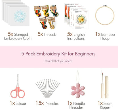 4 Pack Embroidery kit for Beginners Adults DIY Starter Kit, Cross Stitch Kits with Flower Stamped Patterns, Embroidery Hoop, Tools,Colorful Threads,Step by Step Instructions,Hand Craft Lover Gift