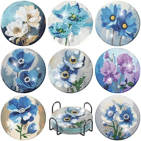 tigdtiu 8 Pcs Flower Diamond Art Coasters Kit with Holder, Diamond Art Kits for Adults Beginners, Small Floral Diamond Painting Coasters, Diamond Art Coasters Kits for Beginners for Women by tigdtiu