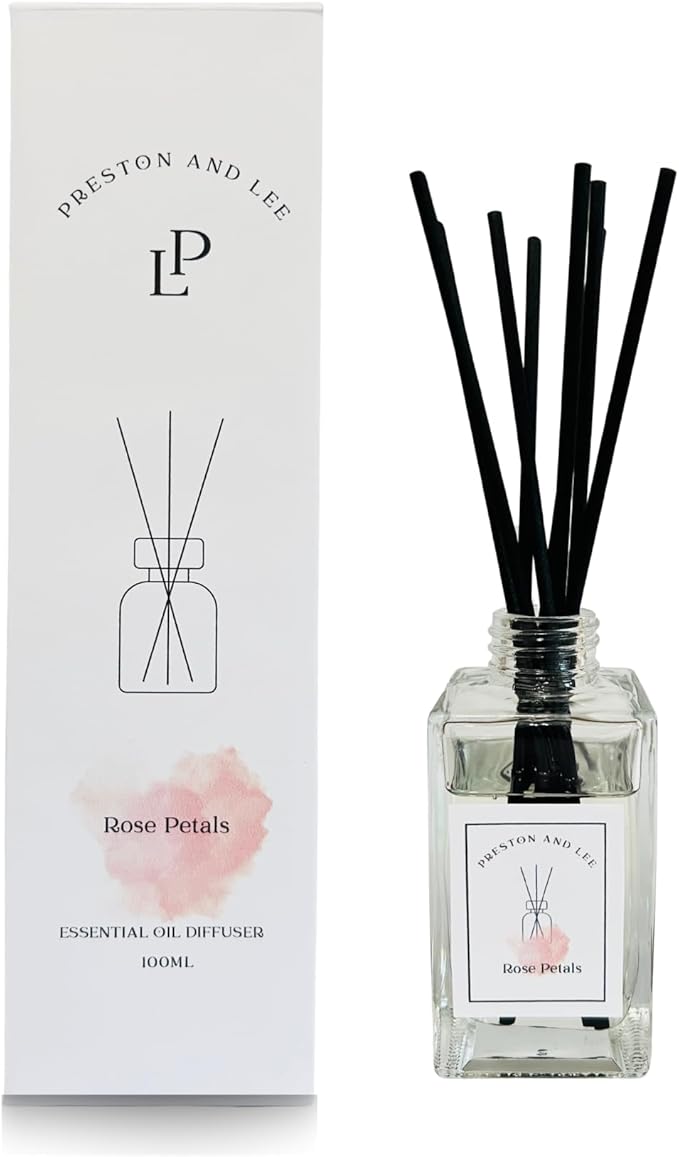 Preston and Lee Reed Diffuser Set | 100 ml (3.4 fl oz) Rose Petals Scent | Reed Diffuser Set | Aromatherapy Diffusers | Natural Reed Diffuser Oil for Home and Spa Fragrance