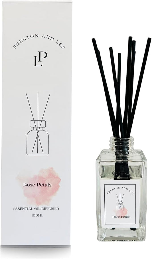 Preston and Lee Reed Diffuser Set | 100 ml (3.4 fl oz) Rose Petals Scent | Reed Diffuser Set | Aromatherapy Diffusers | Natural Reed Diffuser Oil for Home and Spa Fragrance