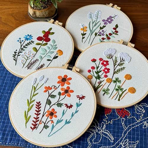 Huacan Embroidery Kits for Adults Beginner - 4 Pcs Floral Pattern Stitching Printed Bouquet DIY Sewing Kit 7.9 x 7.9 Inch (Bouquet 3) - Image 4