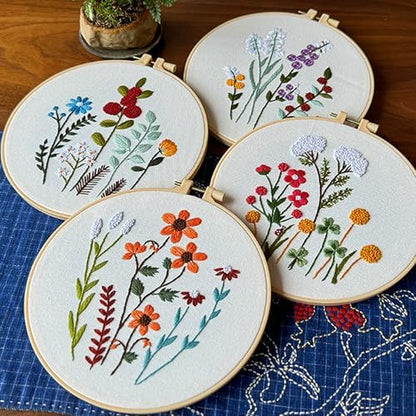 Huacan Embroidery Kits for Adults Beginner - 4 Pcs Floral Pattern Stitching Printed Bouquet DIY Sewing Kit 7.9 x 7.9 Inch (Bouquet 3) - Image 4