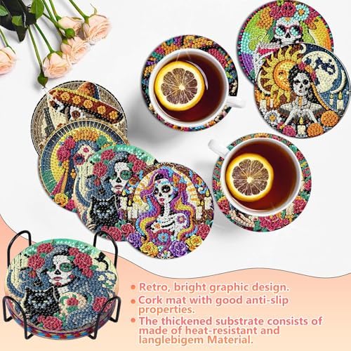 hkejoi Skull Diamond Art Coasters Kit for Adults, 8 Pcs Skull Diamond Painting Coasters with Holder, 5D Gem Art, DIY Crafts Diamond Dots for Gift Home Decor - Image 2