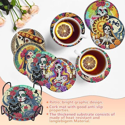 hkejoi Skull Diamond Art Coasters Kit for Adults, 8 Pcs Skull Diamond Painting Coasters with Holder, 5D Gem Art, DIY Crafts Diamond Dots for Gift Home Decor - Image 2