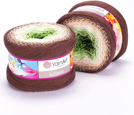 2 Skein/Pack Yarnart Flowers Gradient Yarn, Each Ball 8.8 Oz (250gr) / 1094 Yards (1000m), 55% Cotton 45% Acrylic, Superfine Fingering Weight for Knitting and Crochet, 272 - Brown Green
