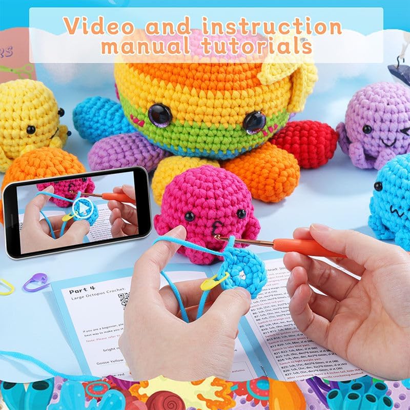 Huacan Octopus Crochet Kit for Beginners, Crochet Kit for Adults Beginner, Octopus Complete Crochet Animals Starter Kit with Step-by-Step Video Tutorials, Easy Knitting Kit Cat Crafts Gifts - Image 3