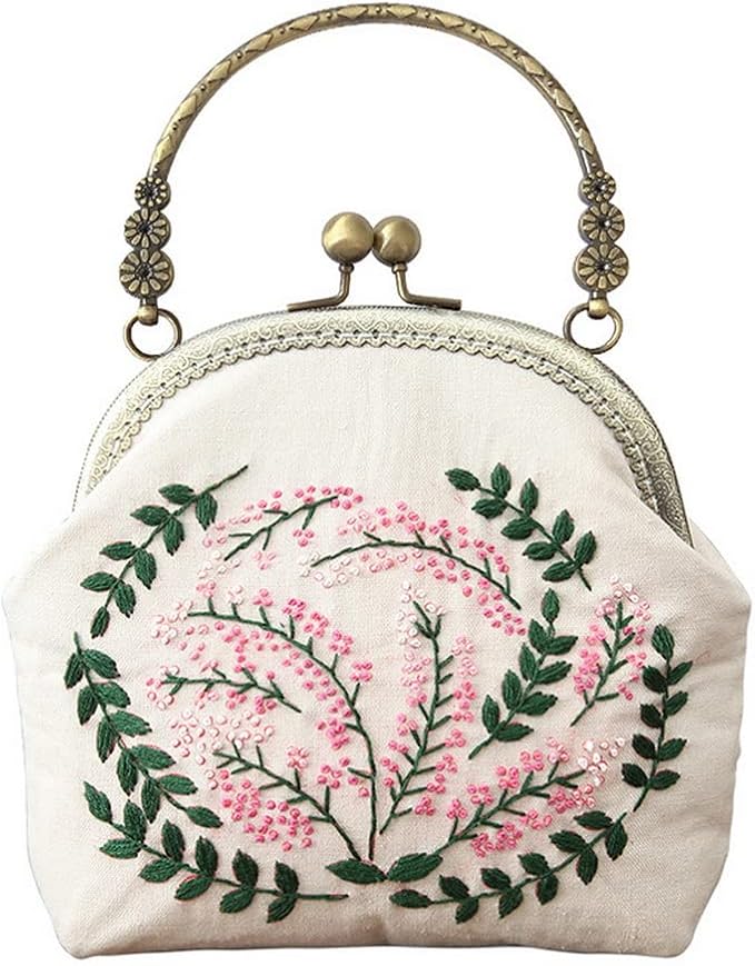 Embroidery Beginner Kits for Adults, DIY Wallet/Purse/Handbag with Pattern & Instructions, Included Embroidery Cloth Bag/Chain/Craft Stamped/Hoops Threads