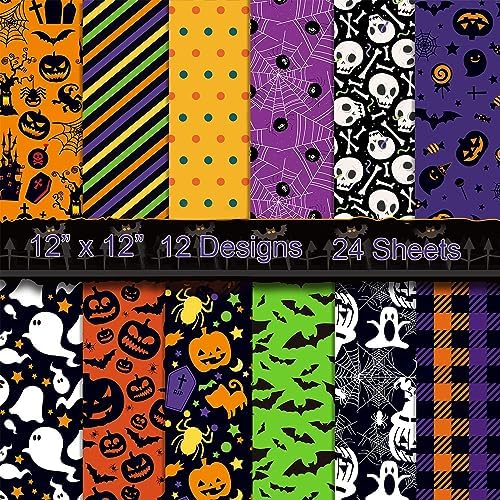 24 Sheets Halloween Pattern Paper Set, 11.8"x11.8" Scrapbooking Supplies Paper Spider Pumpkin Bat Witch Plaid Stripe Dot Origami Paper - 12 Styles by sorkwo