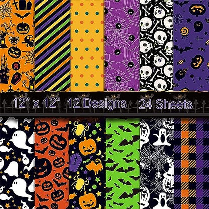 24 Sheets Halloween Pattern Paper Set, 11.8"x11.8" Scrapbooking Supplies Paper Spider Pumpkin Bat Witch Plaid Stripe Dot Origami Paper - 12 Styles by sorkwo