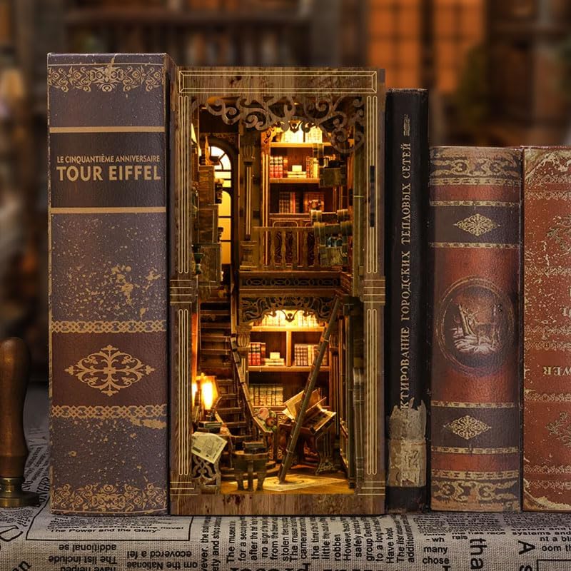 Antique Book Collection Room DIY Book Nook Kit for Adults - Wooden Bookshelf 3D Book Nook Miniature Kit with LED Lights, Puzzle Library Decor for Book Lovers, Dust Proof Display, Unique Gift - Image 7