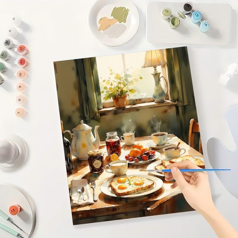 Country Kitchen Paint by Numbers Kit for Adults - DIY Rustic Breakfast Table Scene Painting on Canvas 16x20In, Framed Acrylic Paint Set, Suitable for Beginners, Art for Home Decoration or Gifts - Image 3